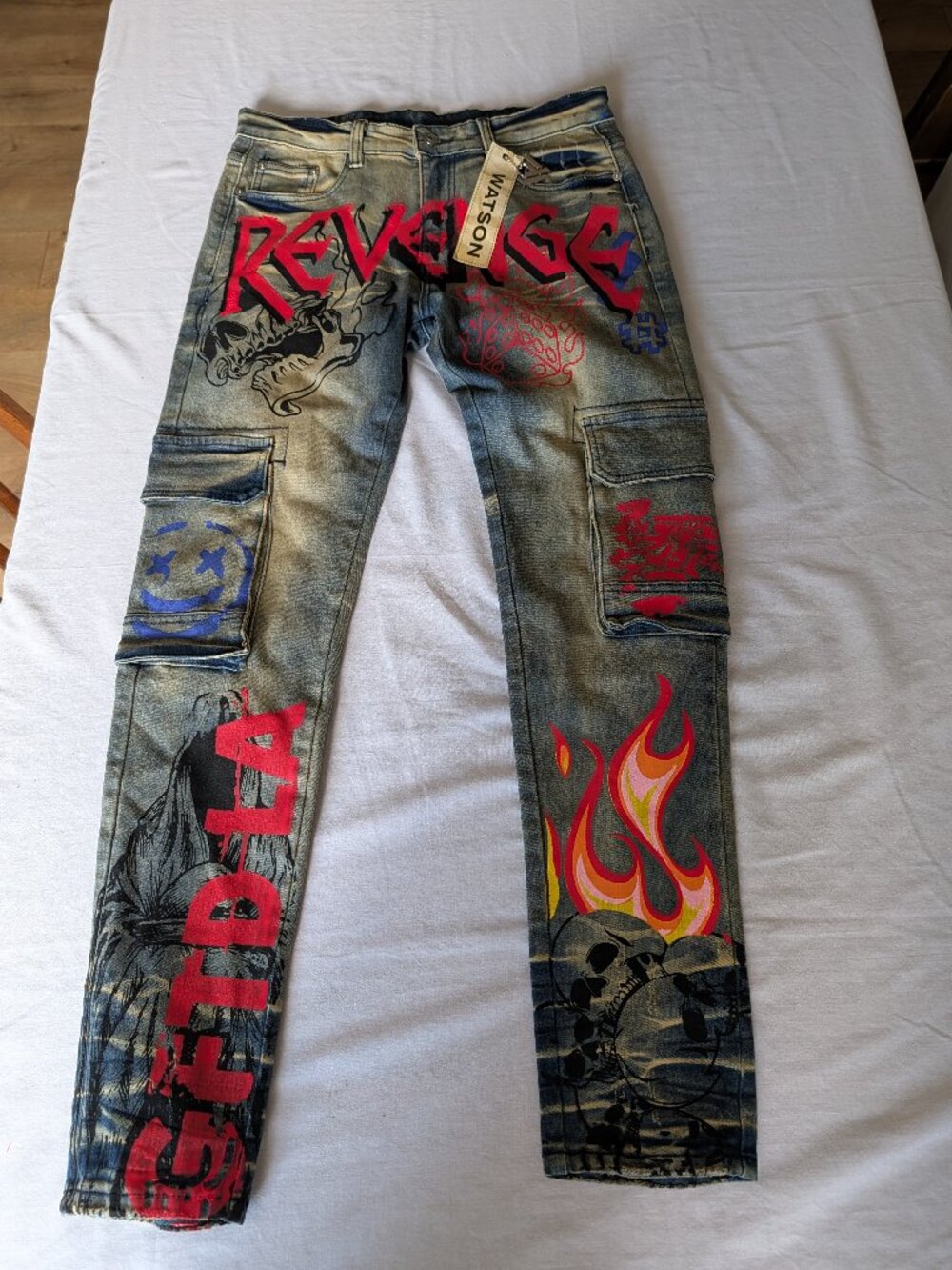 Watson Denim Men's Jeans 30 Y2K Revenge Skull Flame Graphic Cargo NWT
